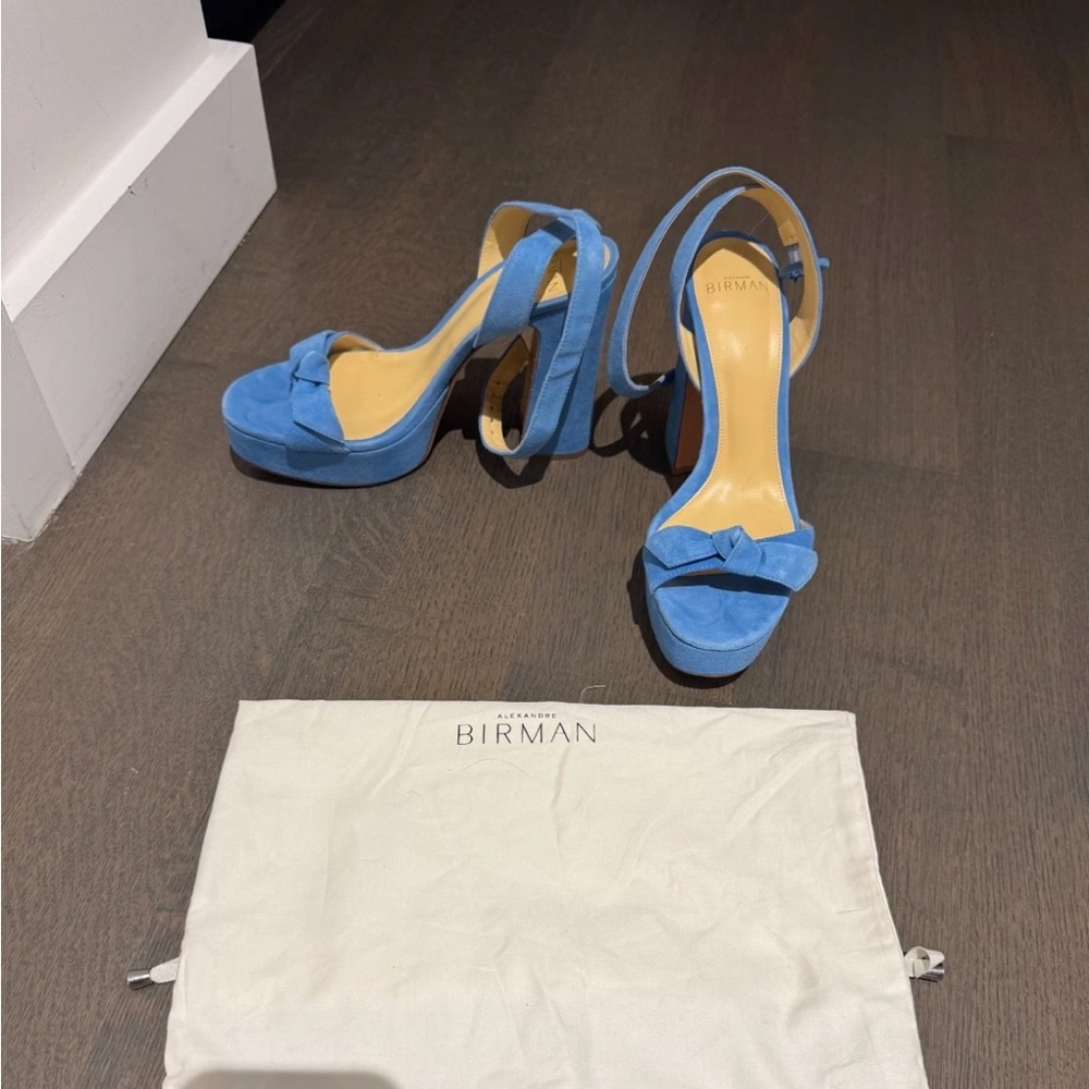Alexandre Birman Clarita Blue Suede Platform Heels size 38 8 Bow Ankle Straps